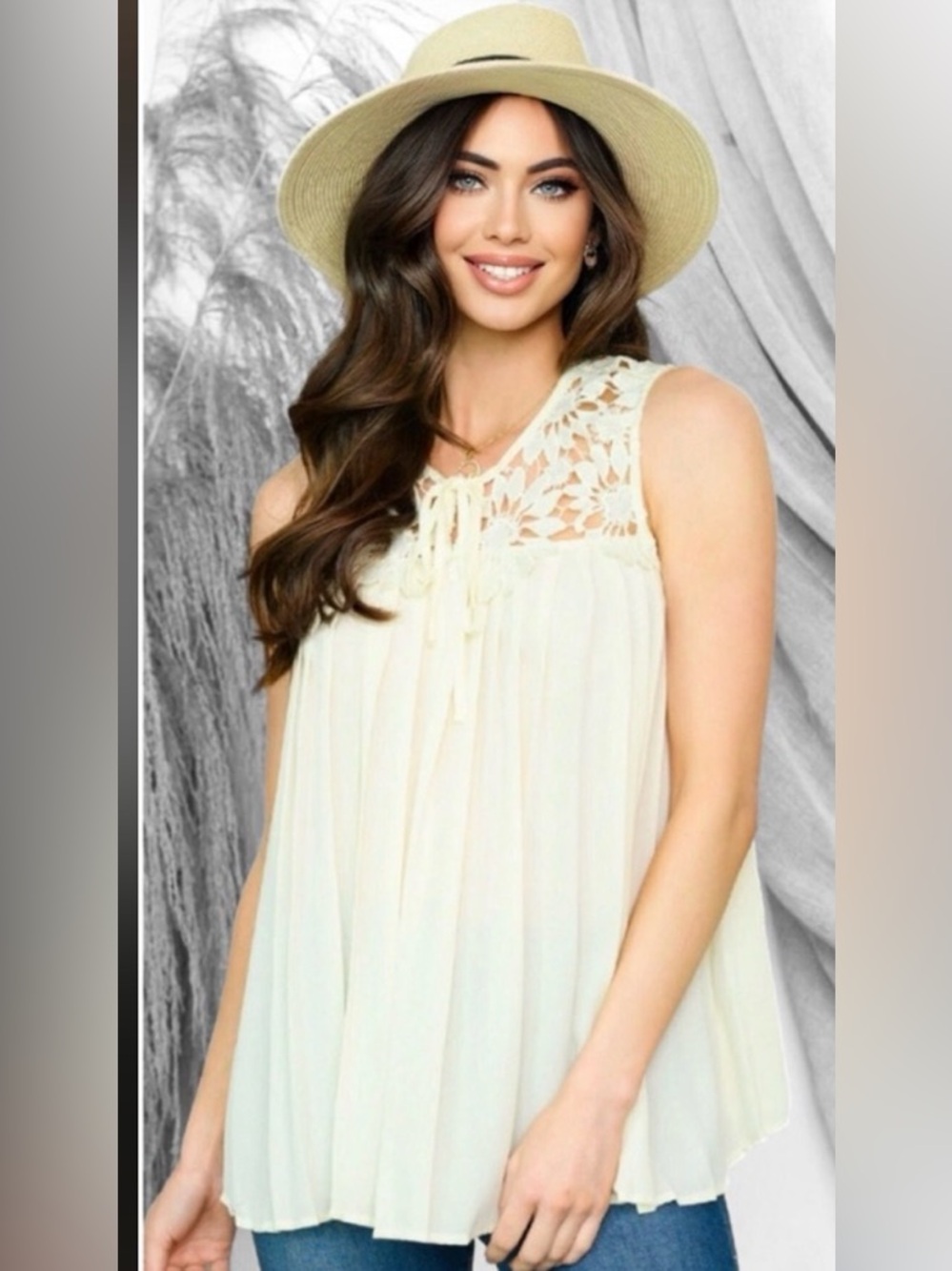 New Creamy Pleated Chiffon Crochet Women’s  Summer Elegant Sleeveless Blouse